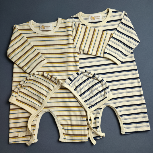 Striped Long-Sleeve Romper + Matching Pilot Bonnet