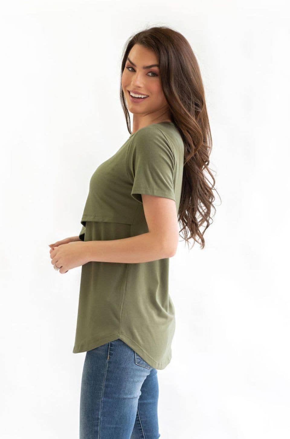 Nursing T-shirt With Asymmetrical Flap - Olive Green