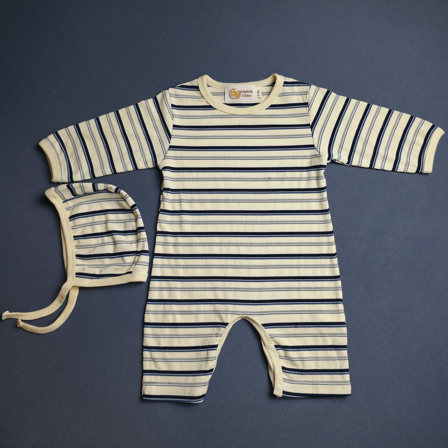 Striped Long-Sleeve Romper + Matching Pilot Bonnet