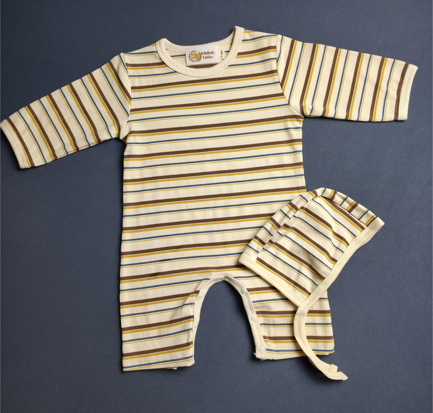 Striped Long-Sleeve Romper + Matching Pilot Bonnet